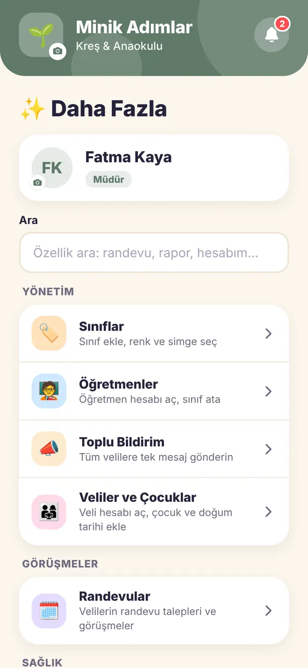 Müdür ekranı: sınıflar, öğretmenler, toplu bildirim ve veliler ve çocuklar yönetimi